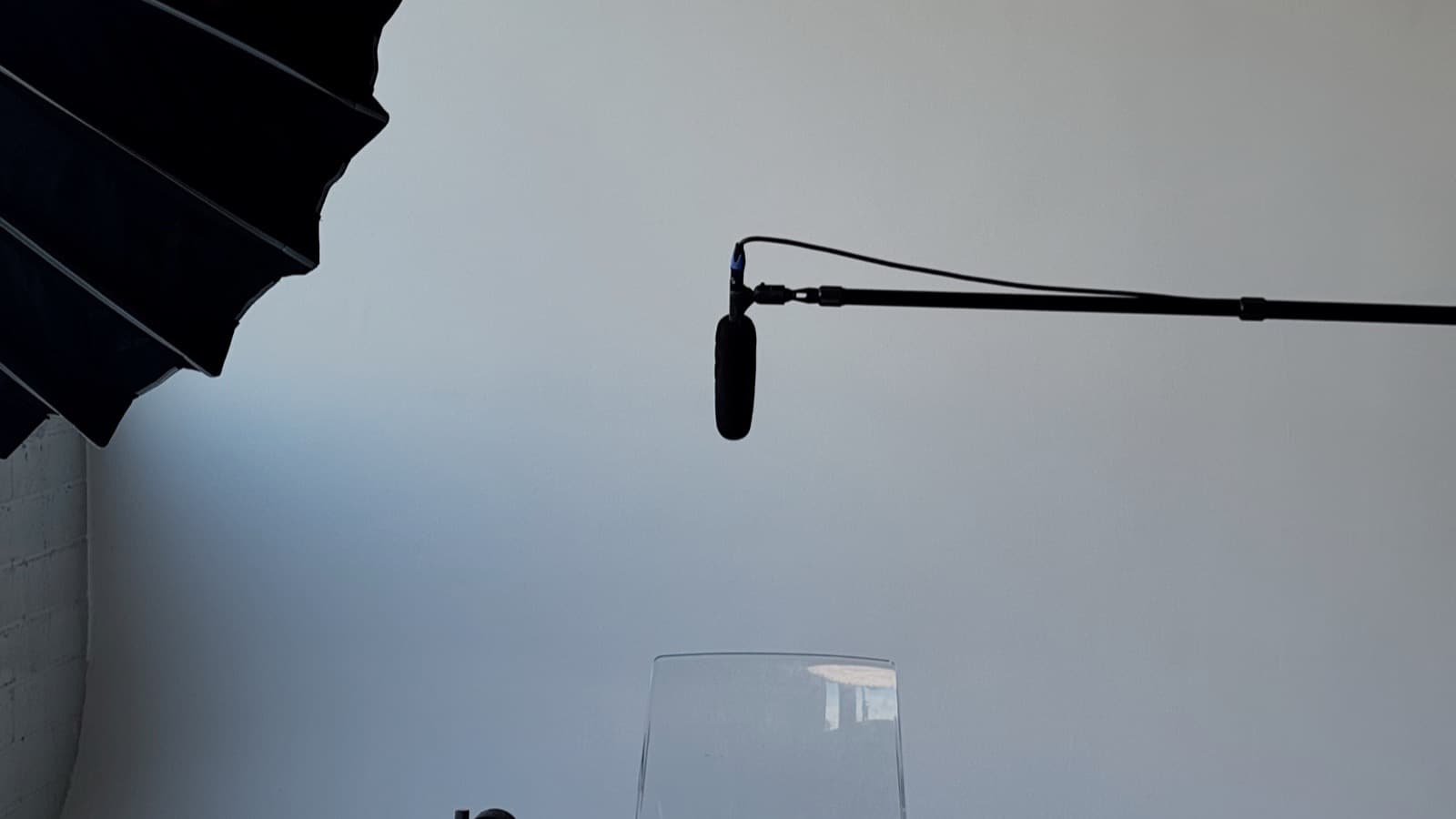 Boom microphone and camera in a recording studio set up for a podcast interview